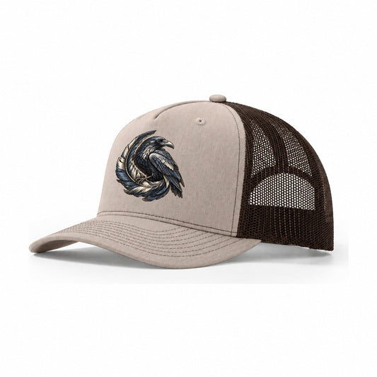 Raven Feather Spiral Everyday Originals Trucker Hat – Khaki Brown