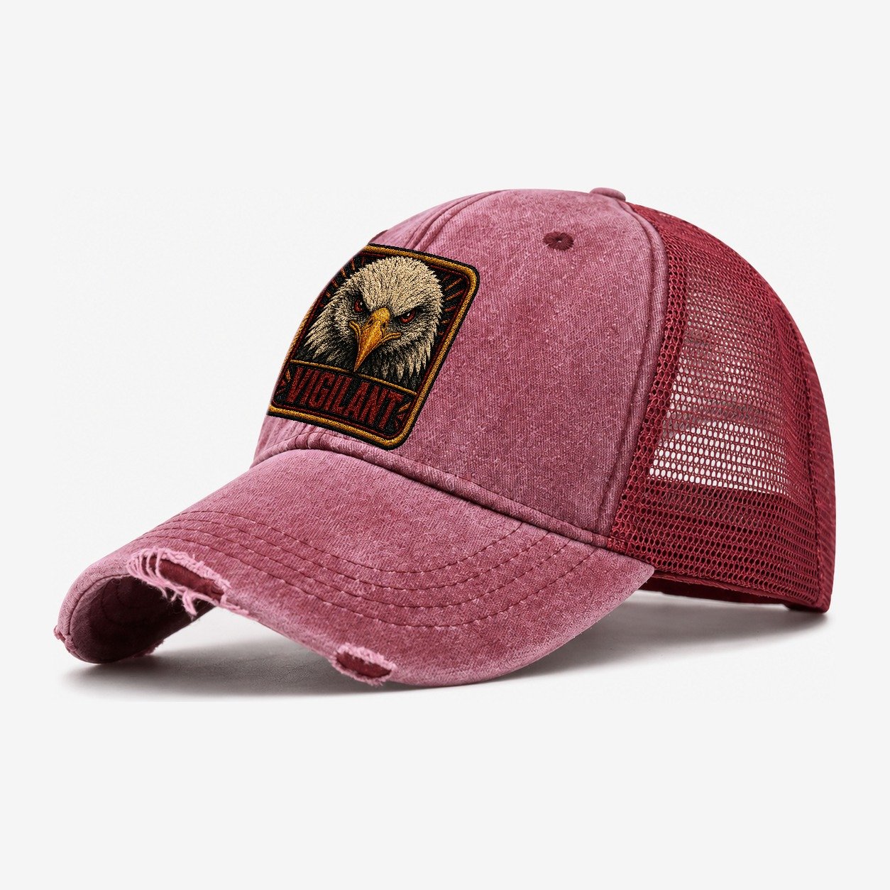 Eagle Vigilant Badge Washed Trucker Hat – Wine Red