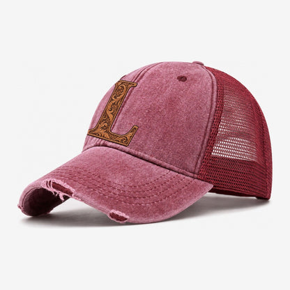 Tooled Leather L Monogram Washed Trucker Hat – Wine Red