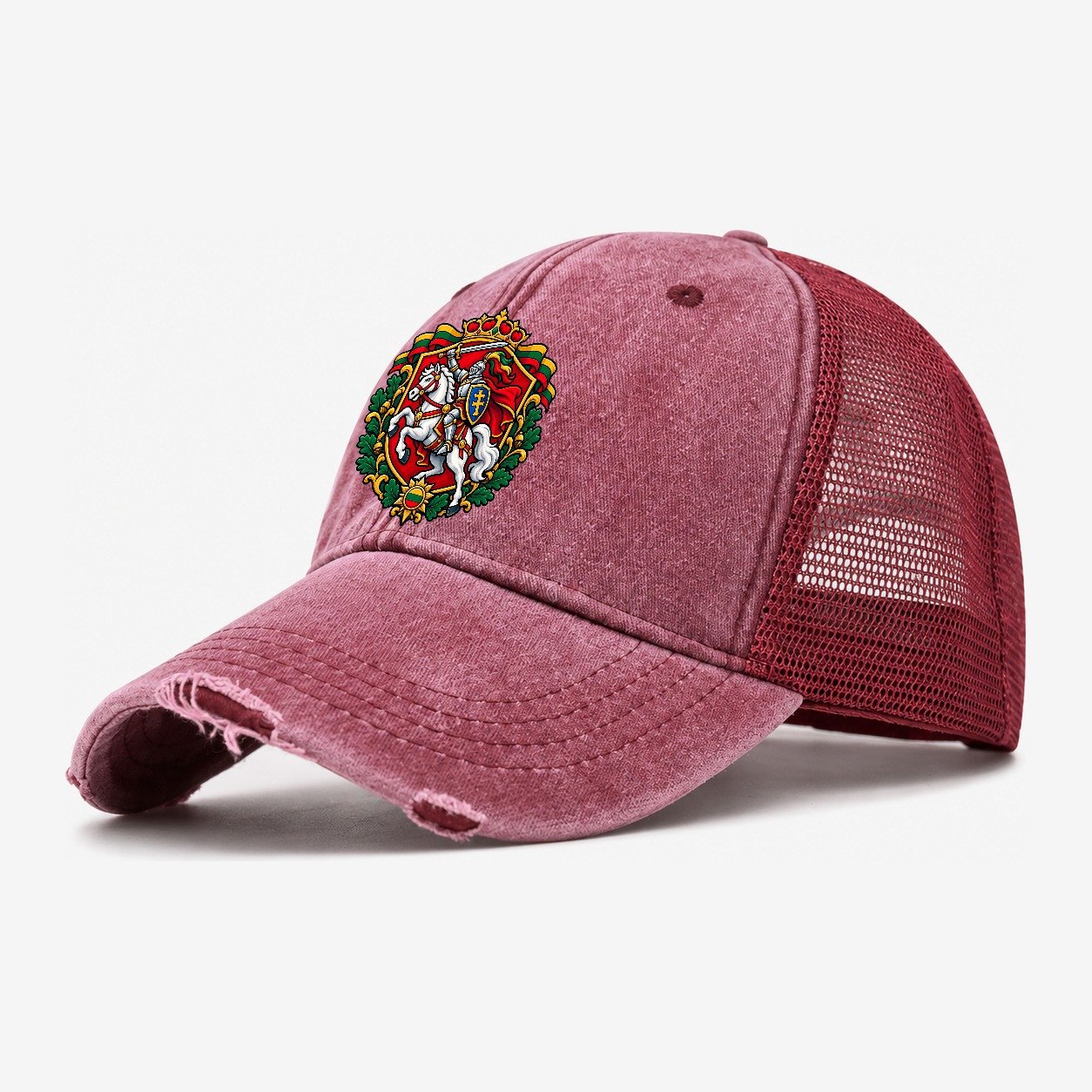 Lithuania Heraldic Crest Country Logos Washed Trucker Hat – Wine Red