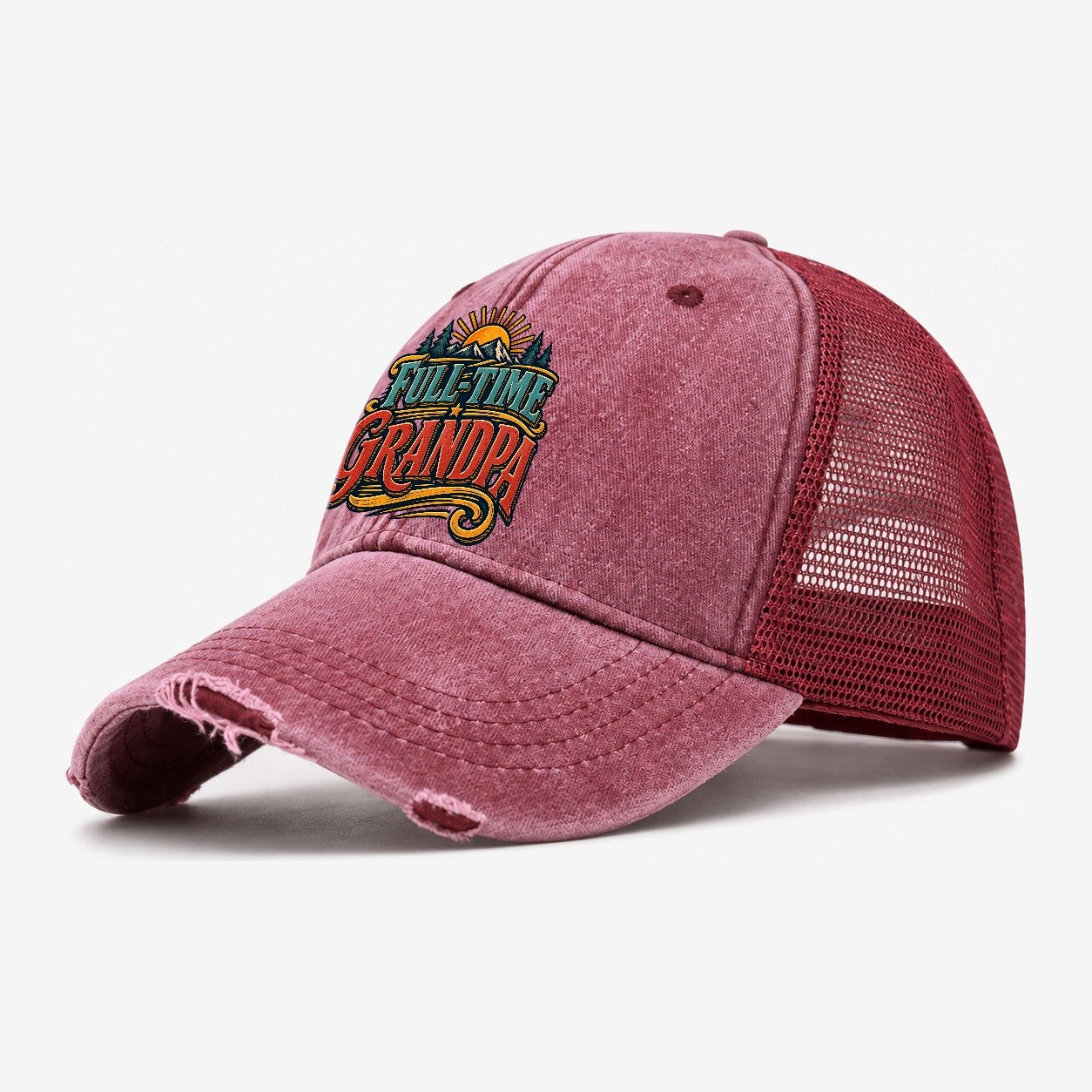 Full Time Grandpa Retired Living Washed Trucker Hat – Wine Red