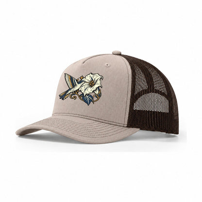 Hummingbird Night Flower Sundown Familiars Trucker Hat – Khaki Brown