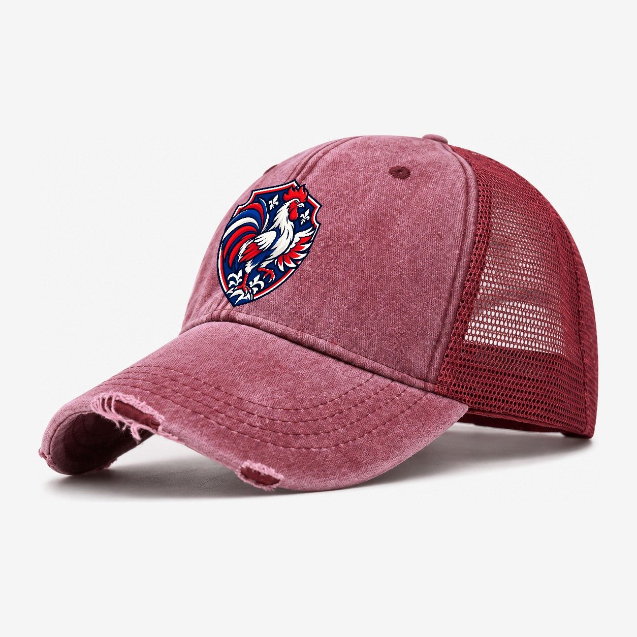 France Minimal Emblem Country Logos Washed Trucker Hat – Wine Red
