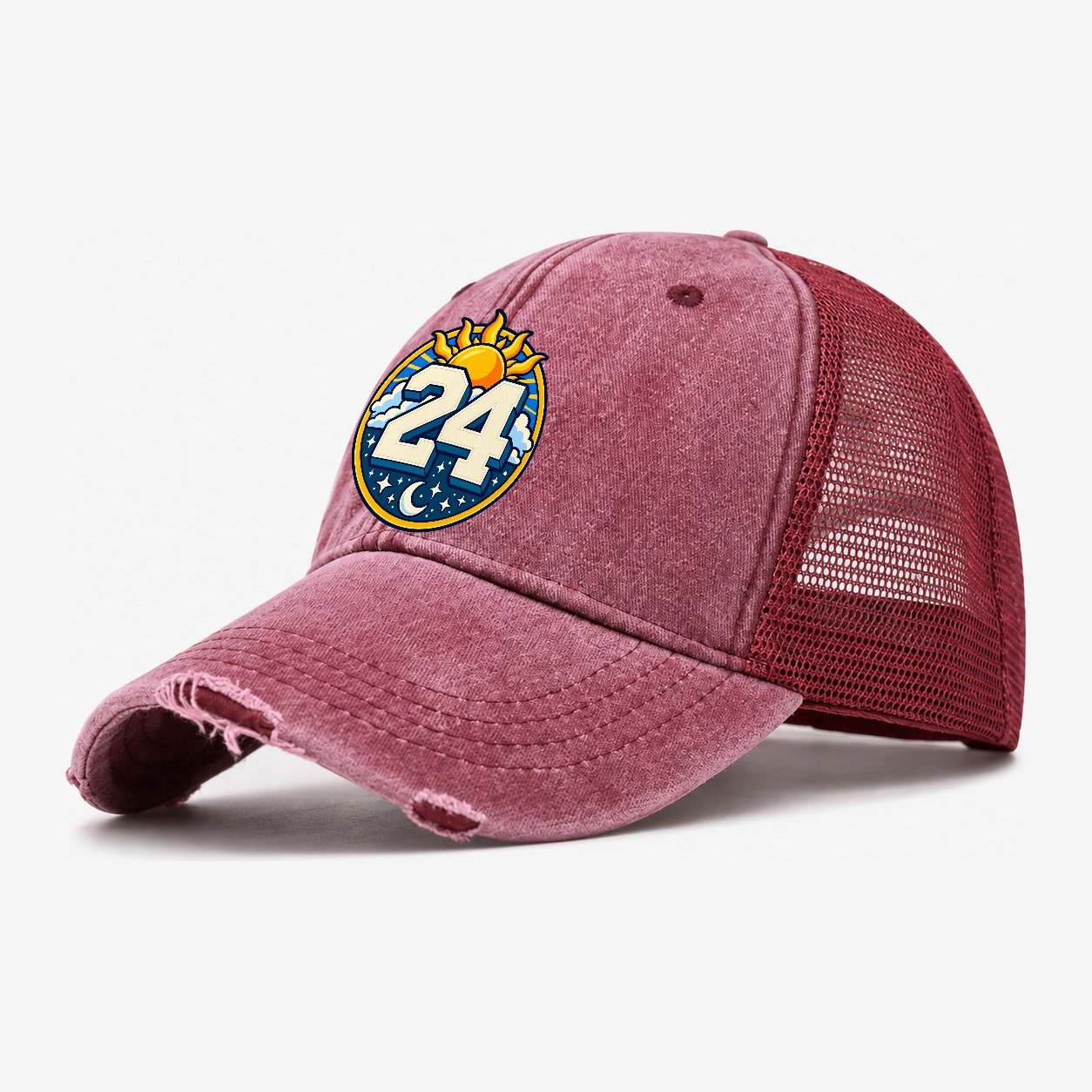 All Day Every Hour Number Club Washed Trucker Hat – Wine Red