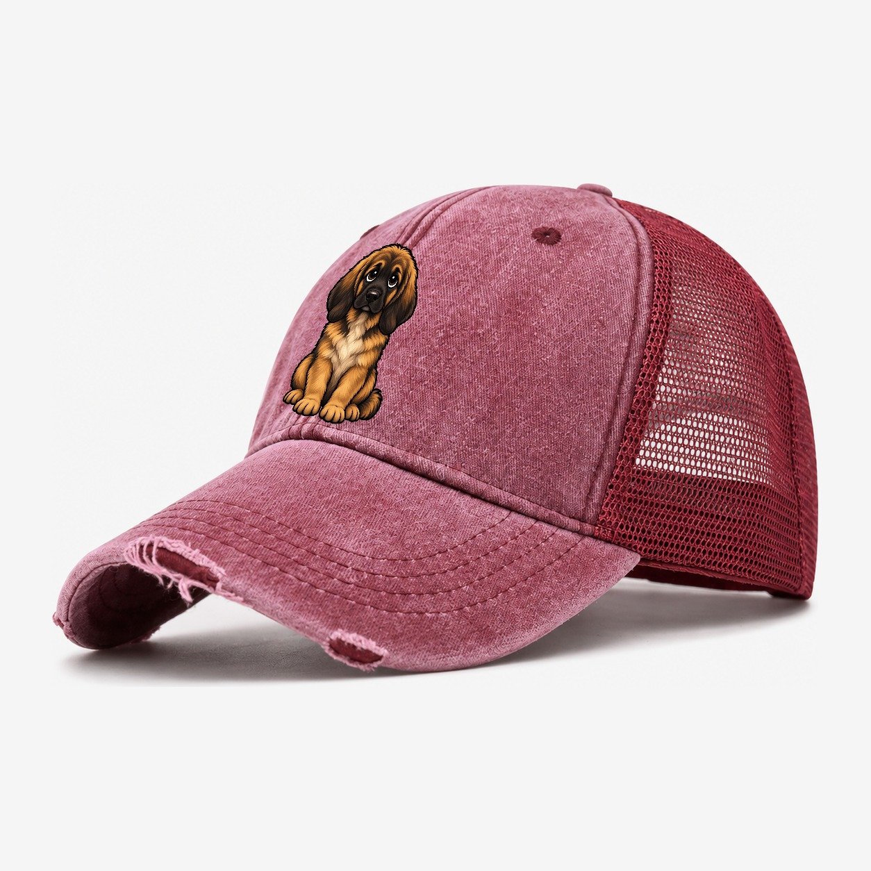 Leonberger Sitting Sweetheart Washed Trucker Hat – Wine Red