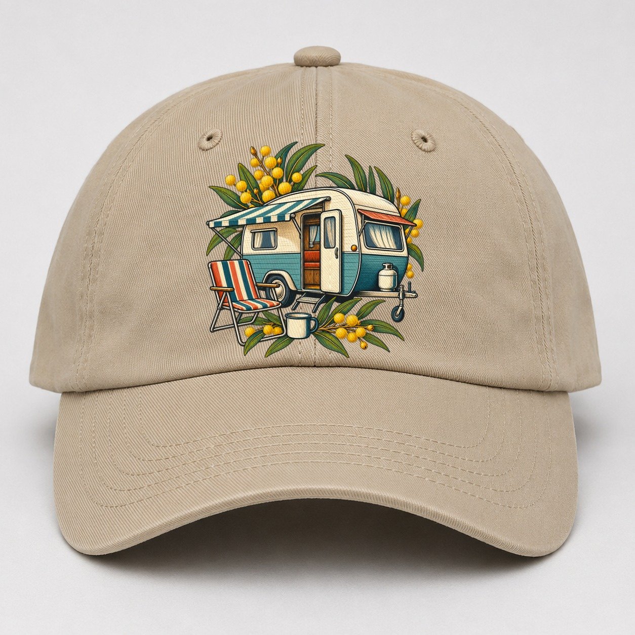 Retro Caravan Folding Chair And Enamel Mug Australia Cultural Icons Baseball Cap – Khaki