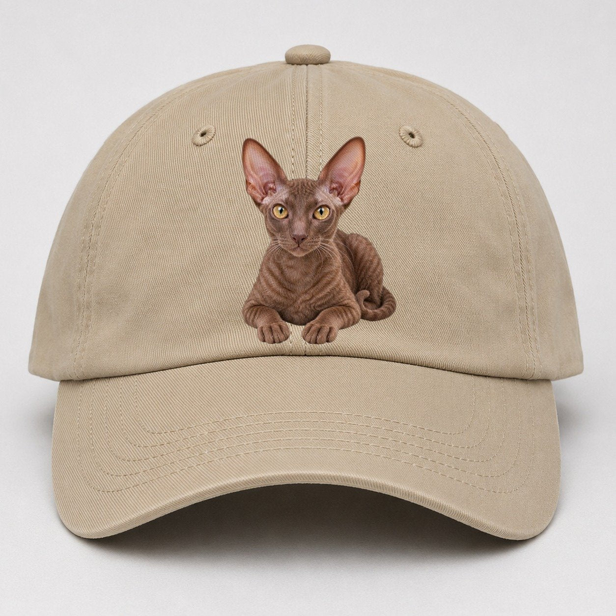 Cornish Rex Reclining Paws Forward Realistic Cat Portrait Baseball Cap – Khaki