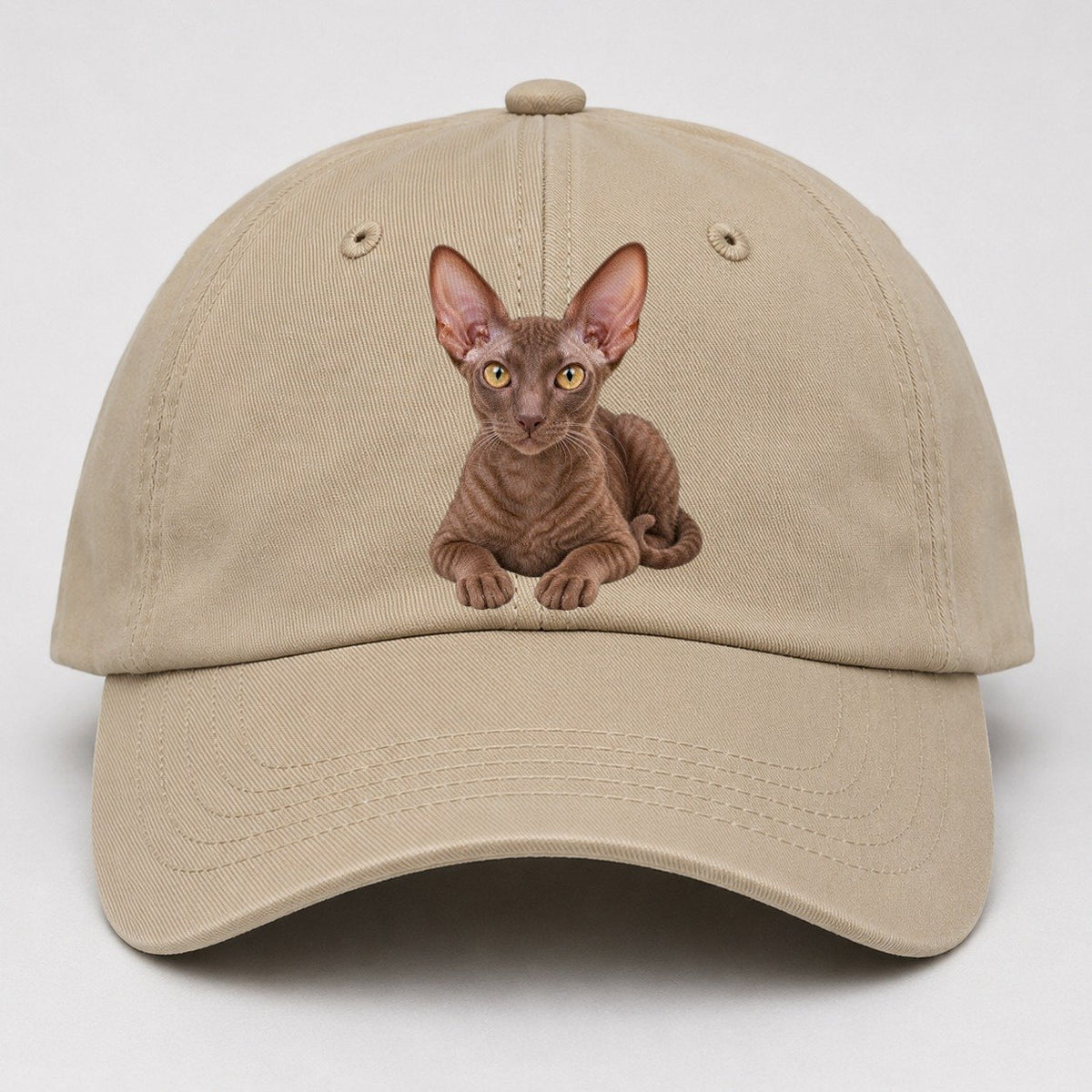 Cornish Rex Reclining Paws Forward Realistic Cat Portrait Baseball Cap – Khaki