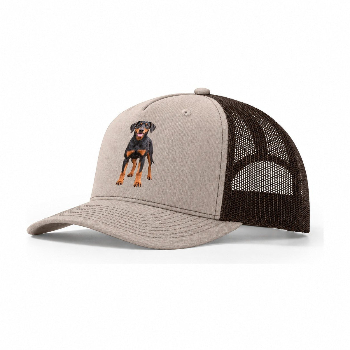 Doberman Pinscher Standing Front Facing Top Breeds Trucker Hat – Khaki Brown