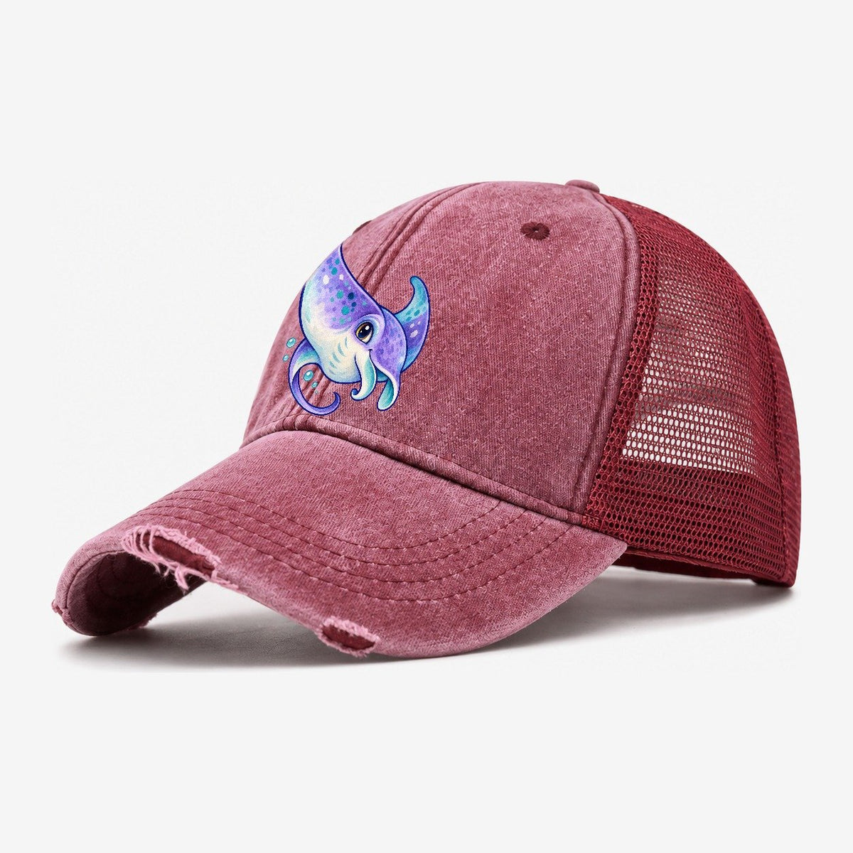 Manta Ray Barrel Turn Sea Sprite Washed Trucker Hat – Wine Red