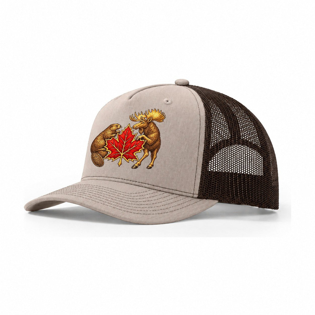 Canada Beaver And Moose Trucker Hat – Khaki Brown