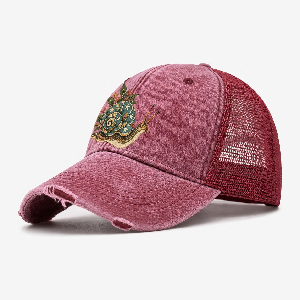 Snail Carrying Starlight Gentle Wild Washed Trucker Hat – Wine Red