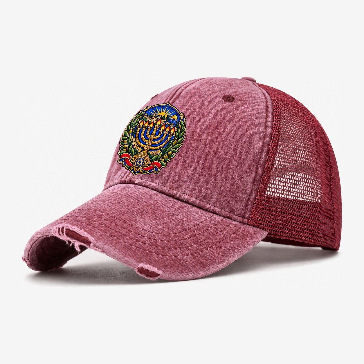 Temple Menorah Jerusalem Washed Trucker Hat – Wine Red