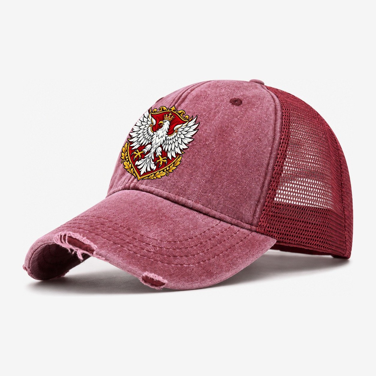 Poland Heraldic Crest Country Logos Washed Trucker Hat – Wine Red