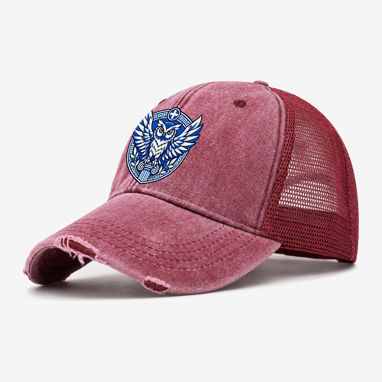 Greece Minimal Emblem Country Logos Washed Trucker Hat – Wine Red