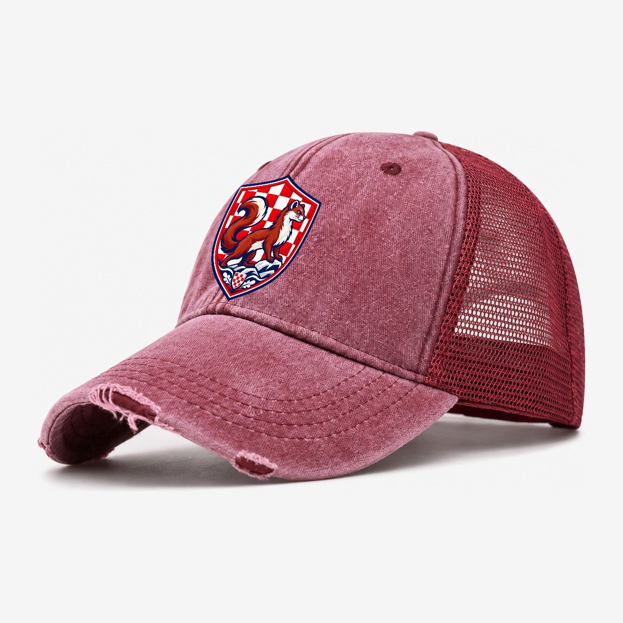 Croatia Minimal Emblem Country Logos Washed Trucker Hat – Wine Red