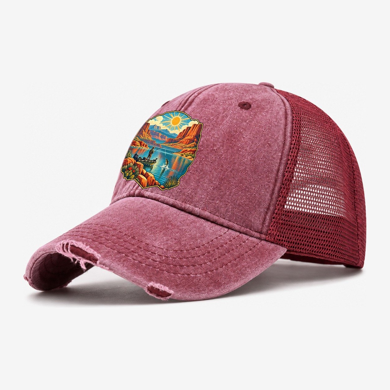 Desert Reservoir Noon Fishing Club Washed Trucker Hat – Wine Red
