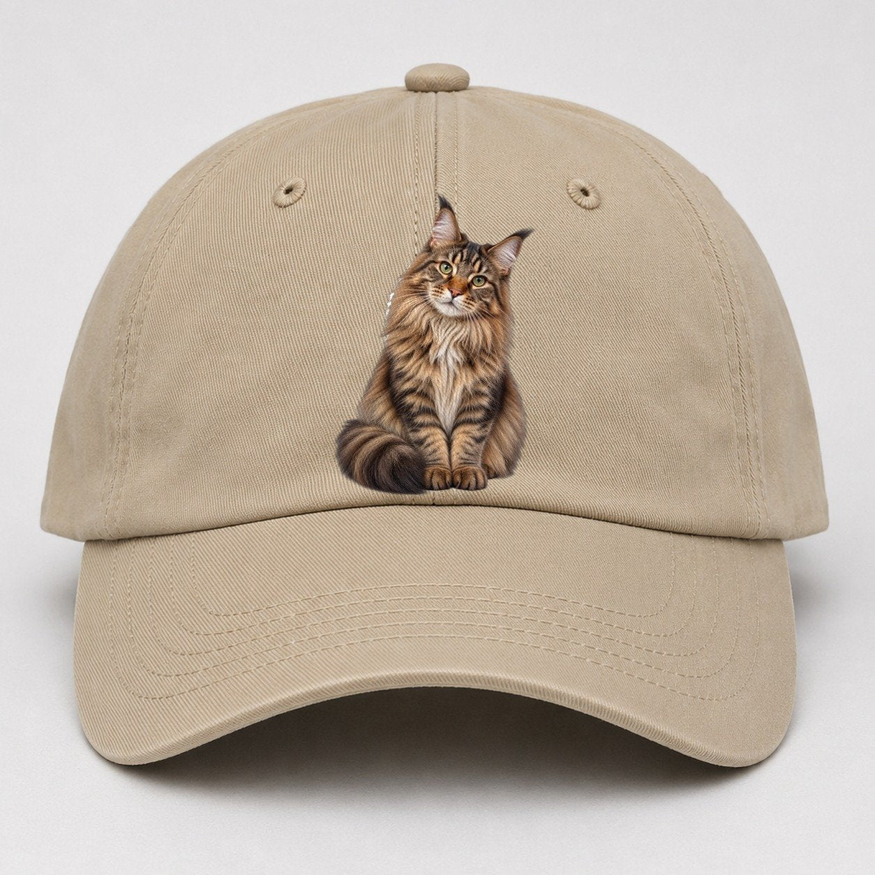 Maine Coon Seated Portrait Realistic Cat Portrait Baseball Cap – Khaki