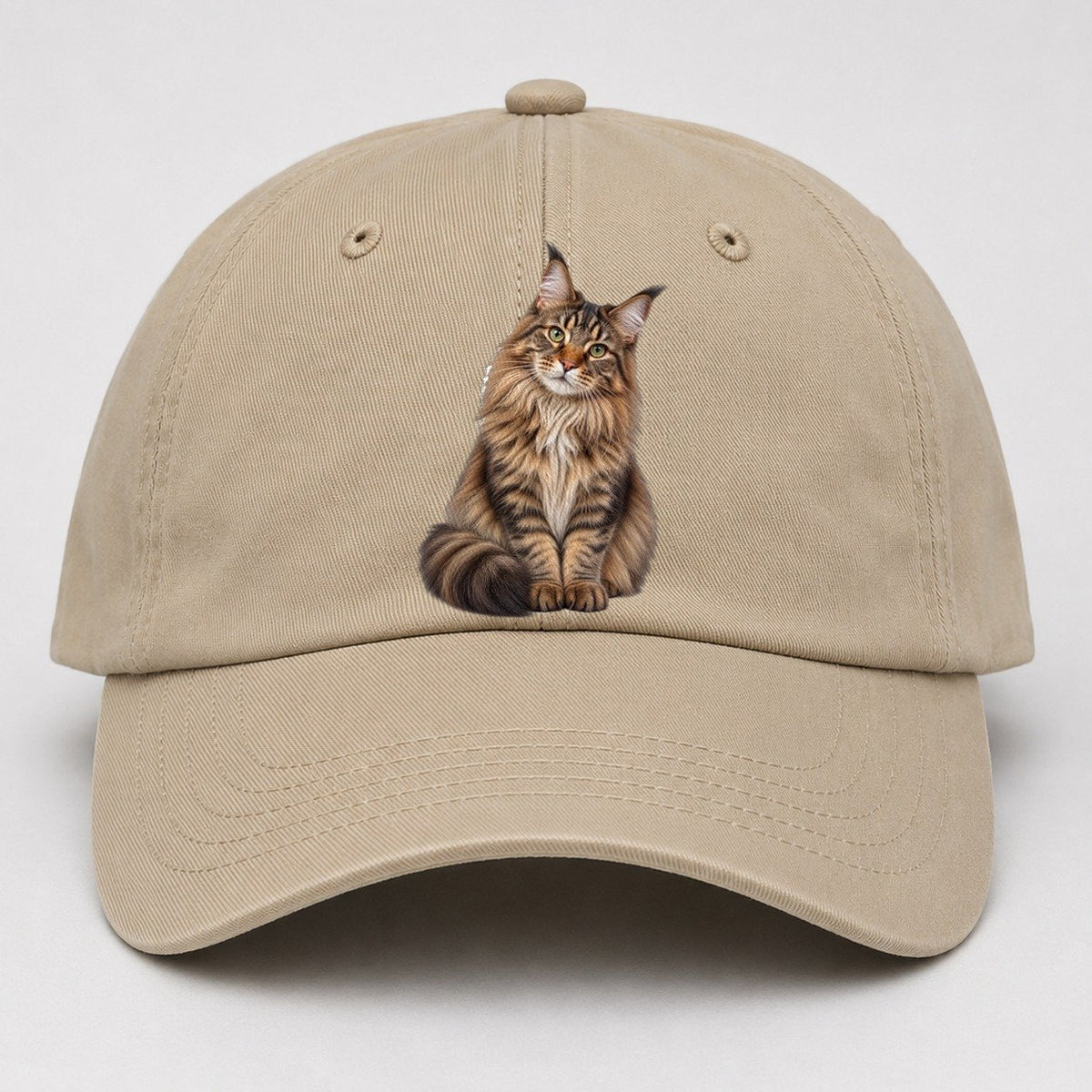 Maine Coon Seated Portrait Realistic Cat Portrait Baseball Cap – Khaki