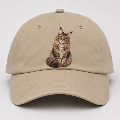Maine Coon Seated Portrait Realistic Cat Portrait Baseball Cap – Khaki