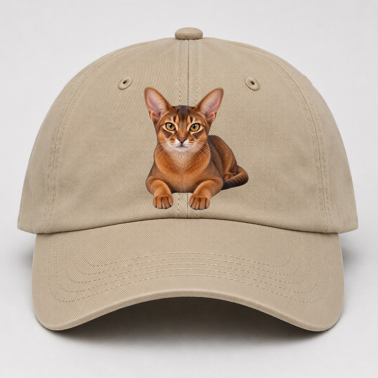 Abyssinian Reclining Paws Forward Realistic Cat Portrait Baseball Cap – Khaki