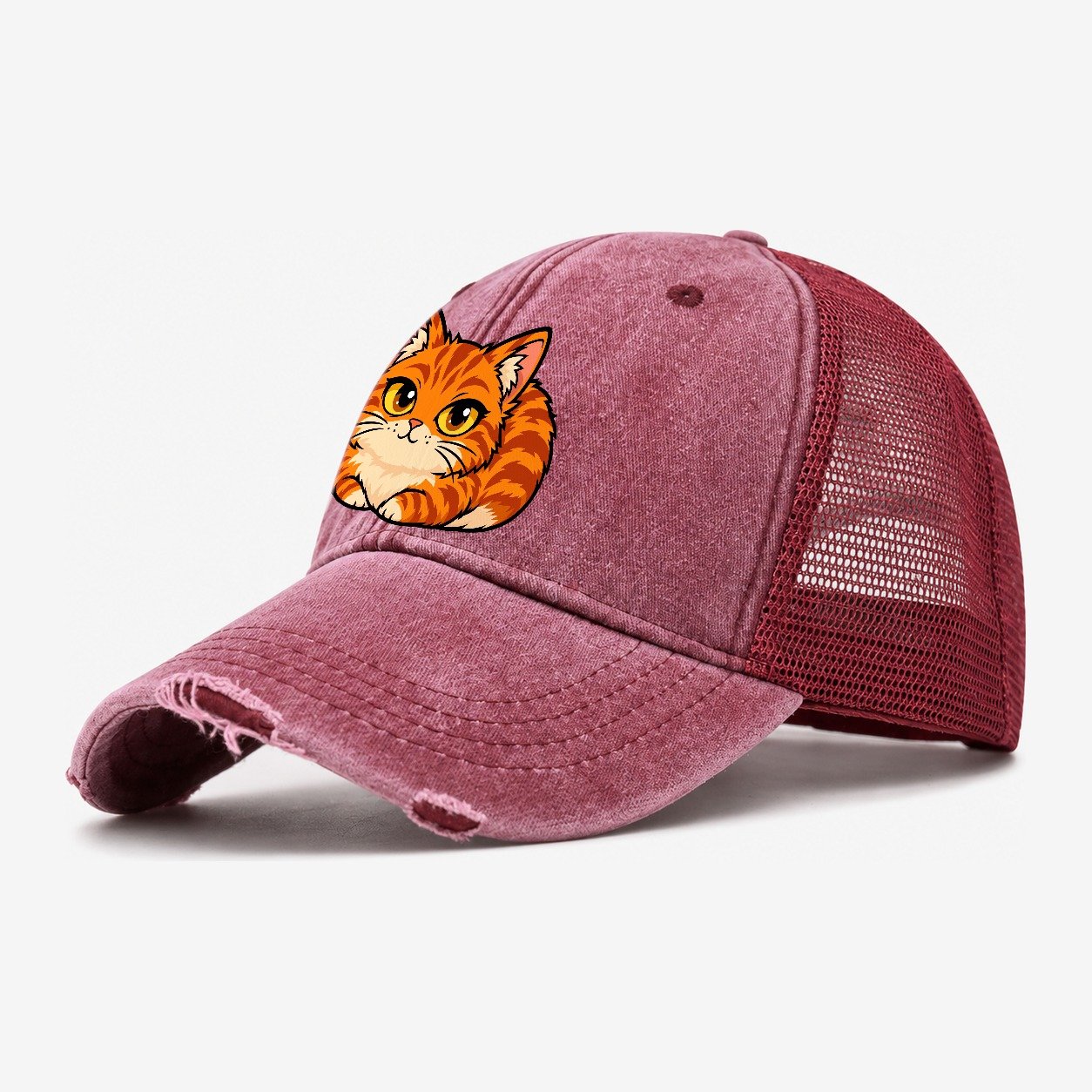 Orange Tabby Loafing Peeking Cats Washed Trucker Hat – Wine Red