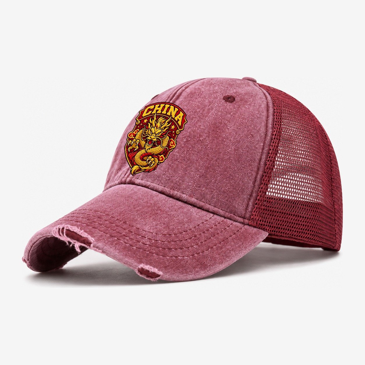 China Retro Badge Country Logos Washed Trucker Hat – Wine Red