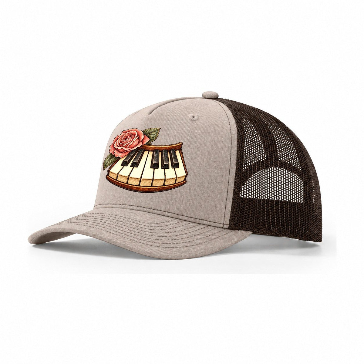 Piano And Garden Rose Character Club Trucker Hat – Khaki Brown