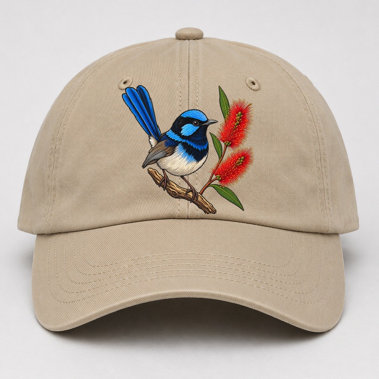 Superb Fairywren And Bottlebrush Australia Cultural Icons Baseball Cap – Khaki