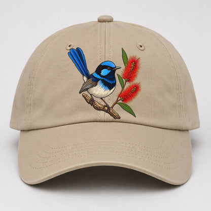 Superb Fairywren And Bottlebrush Australia Cultural Icons Baseball Cap – Khaki