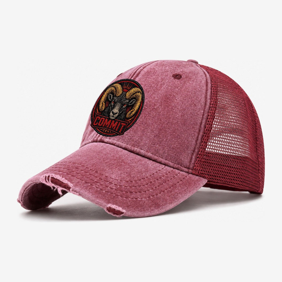 Ram Commit Badge Washed Trucker Hat – Wine Red