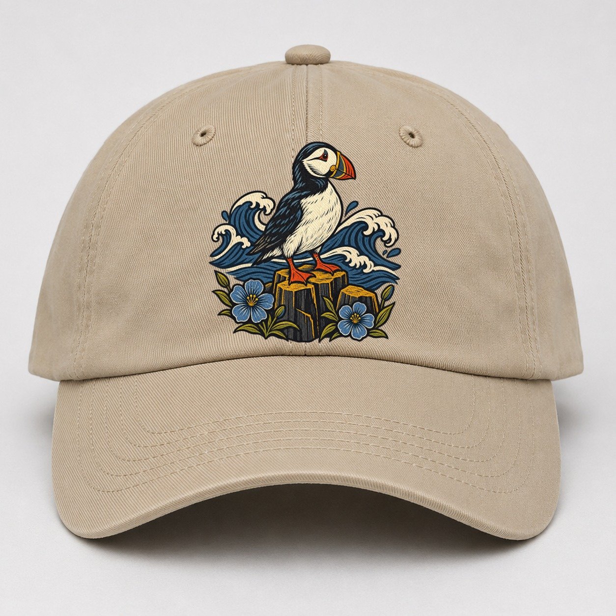 Causeway Coast Puffin And Flax Flowers Uk Culture Heritage Baseball Cap – Khaki