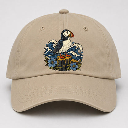 Causeway Coast Puffin And Flax Flowers Uk Culture Heritage Baseball Cap – Khaki