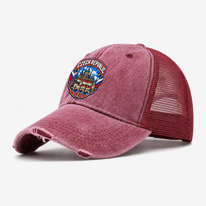 Czech Republic Retro Badge Country Logos Washed Trucker Hat – Wine Red