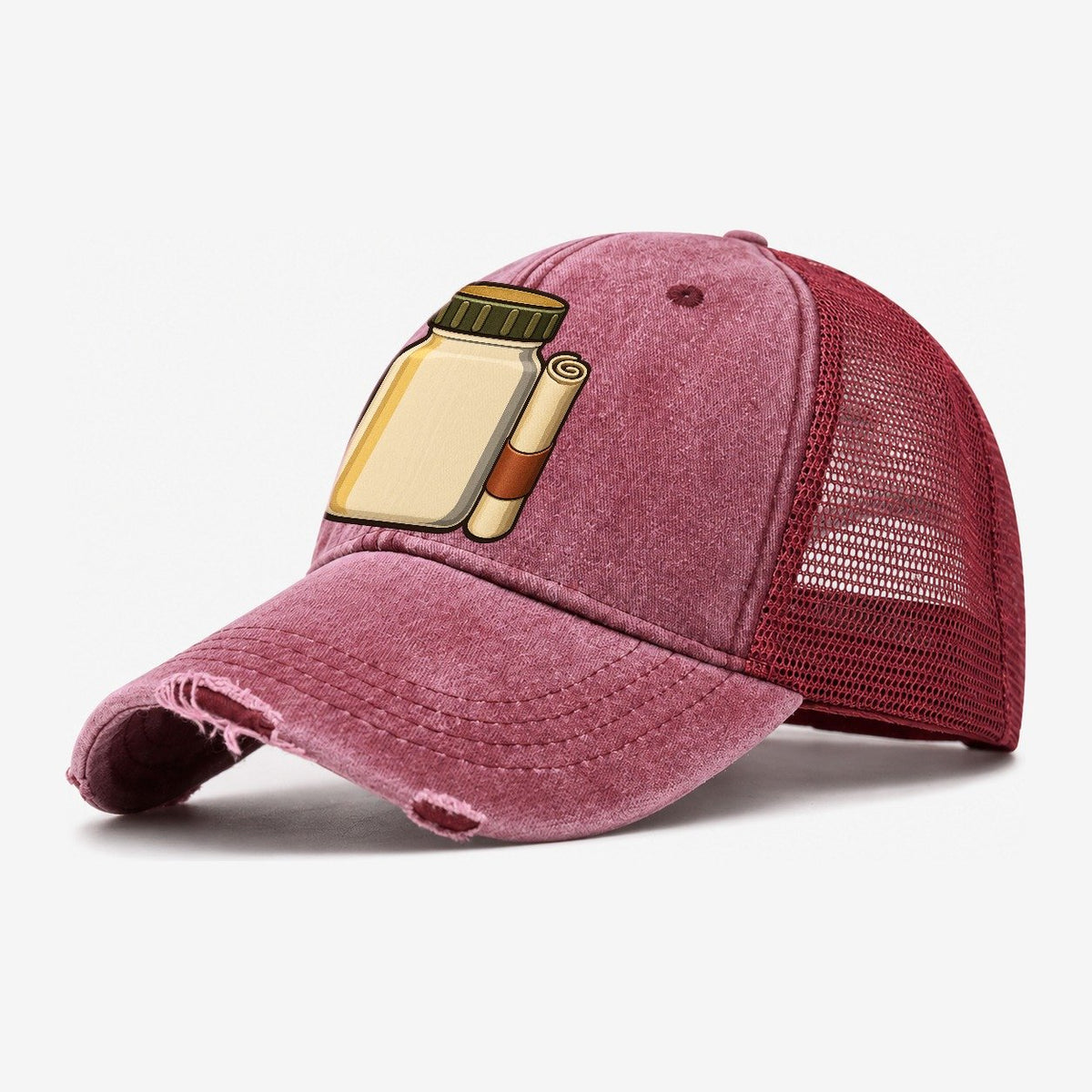 Jar Cache And Log Roll Geocaching Washed Trucker Hat – Wine Red