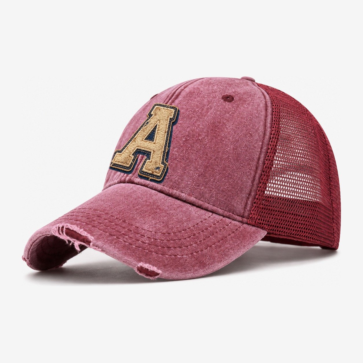 Varsity Chenille A Monogram Washed Trucker Hat – Wine Red