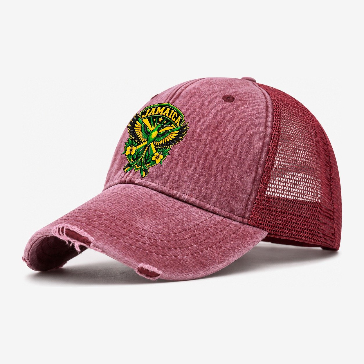 Jamaica Retro Badge Country Logos Washed Trucker Hat – Wine Red