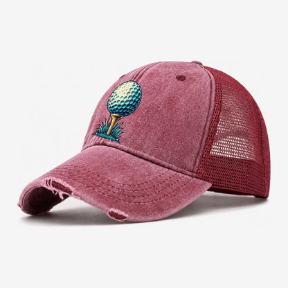 Tee And Ball Mark Golf Life Washed Trucker Hat – Wine Red