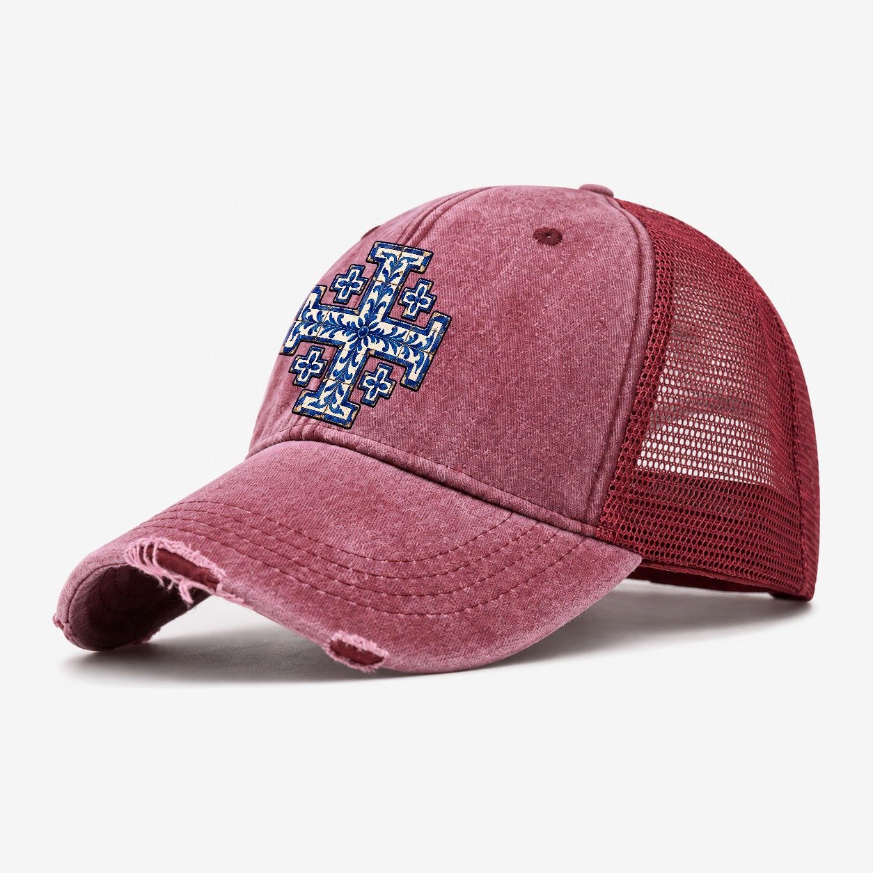 Blue And White Glazed Tile Jerusalem Cross Washed Trucker Hat – Wine Red