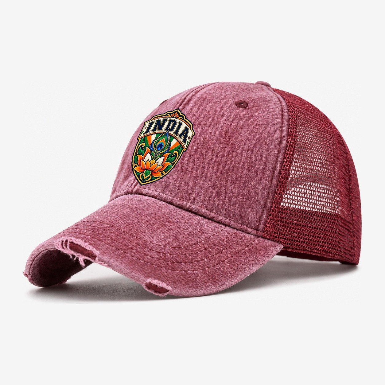 India Retro Badge Country Logos Washed Trucker Hat – Wine Red