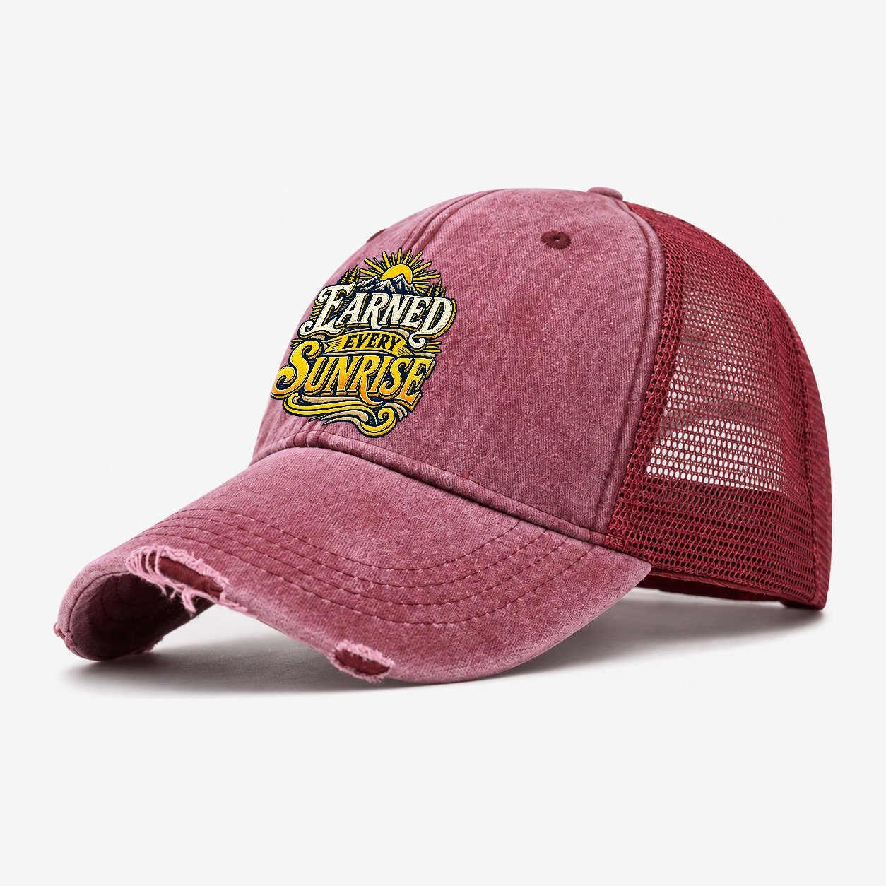 Earned Every Sunrise Retired Living Washed Trucker Hat – Wine Red