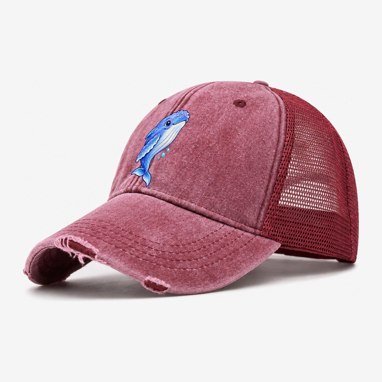Humpback Whale Gentle Rise Sea Sprite Washed Trucker Hat – Wine Red