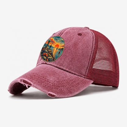 Harbor Jetty Sunset Fishing Club Washed Trucker Hat – Wine Red