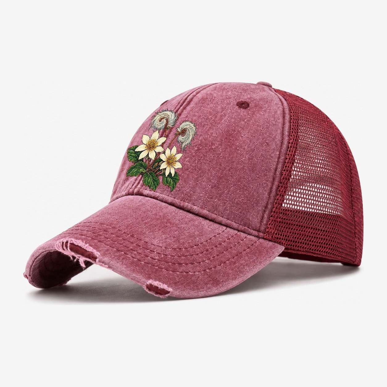 Northwest Territories Mountain Avens Canada Cultural Icons Washed Trucker Hat – Wine Red
