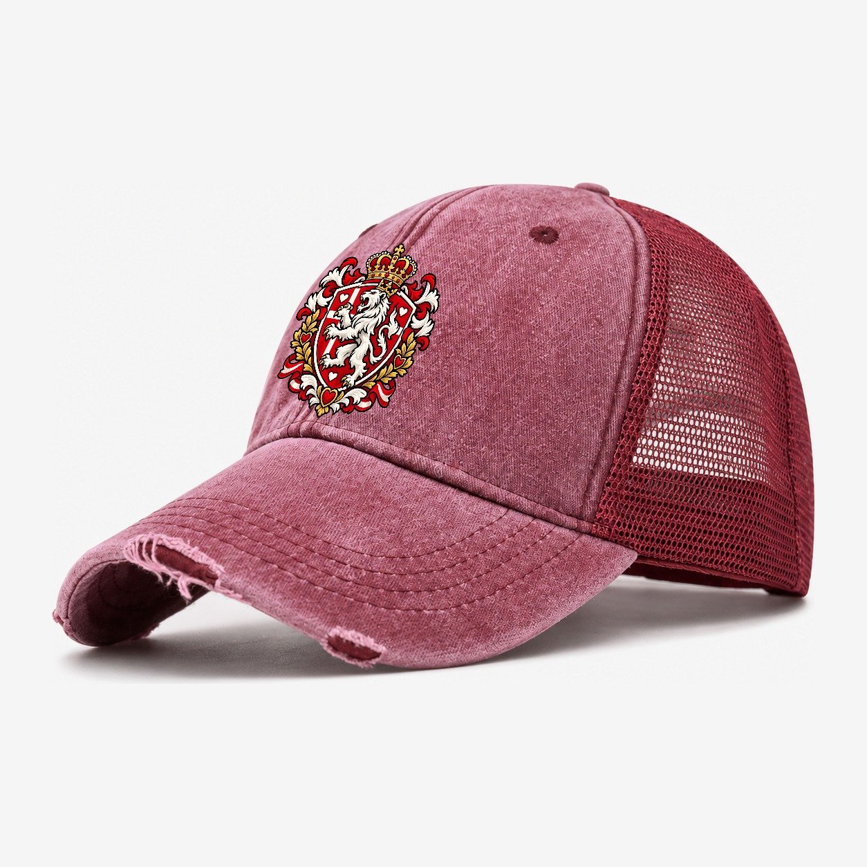 Denmark Heraldic Crest Country Logos Washed Trucker Hat – Wine Red