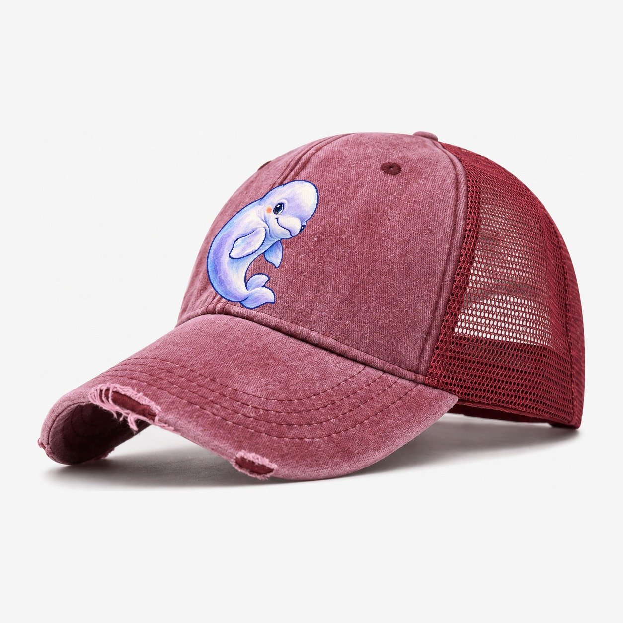Beluga Whale Gentle Turn Sea Sprite Washed Trucker Hat – Wine Red