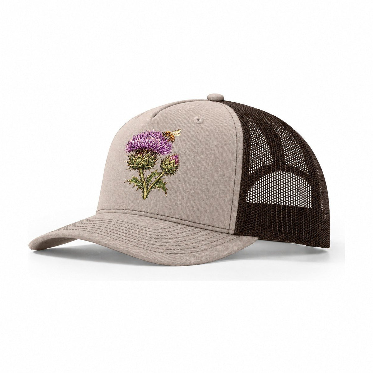 Thistle Bud And Honeybee Pastimes Companions Trucker Hat – Khaki Brown