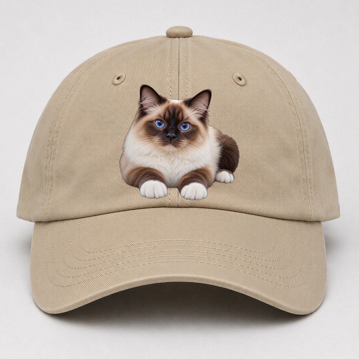 Birman Reclining Paws Forward Realistic Cat Portrait Baseball Cap – Khaki