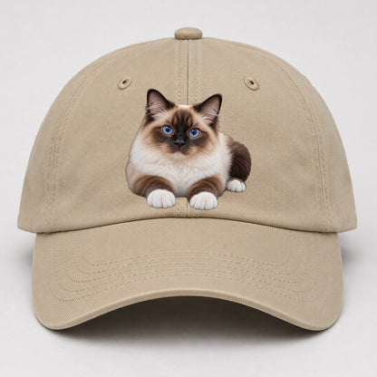 Birman Reclining Paws Forward Realistic Cat Portrait Baseball Cap – Khaki
