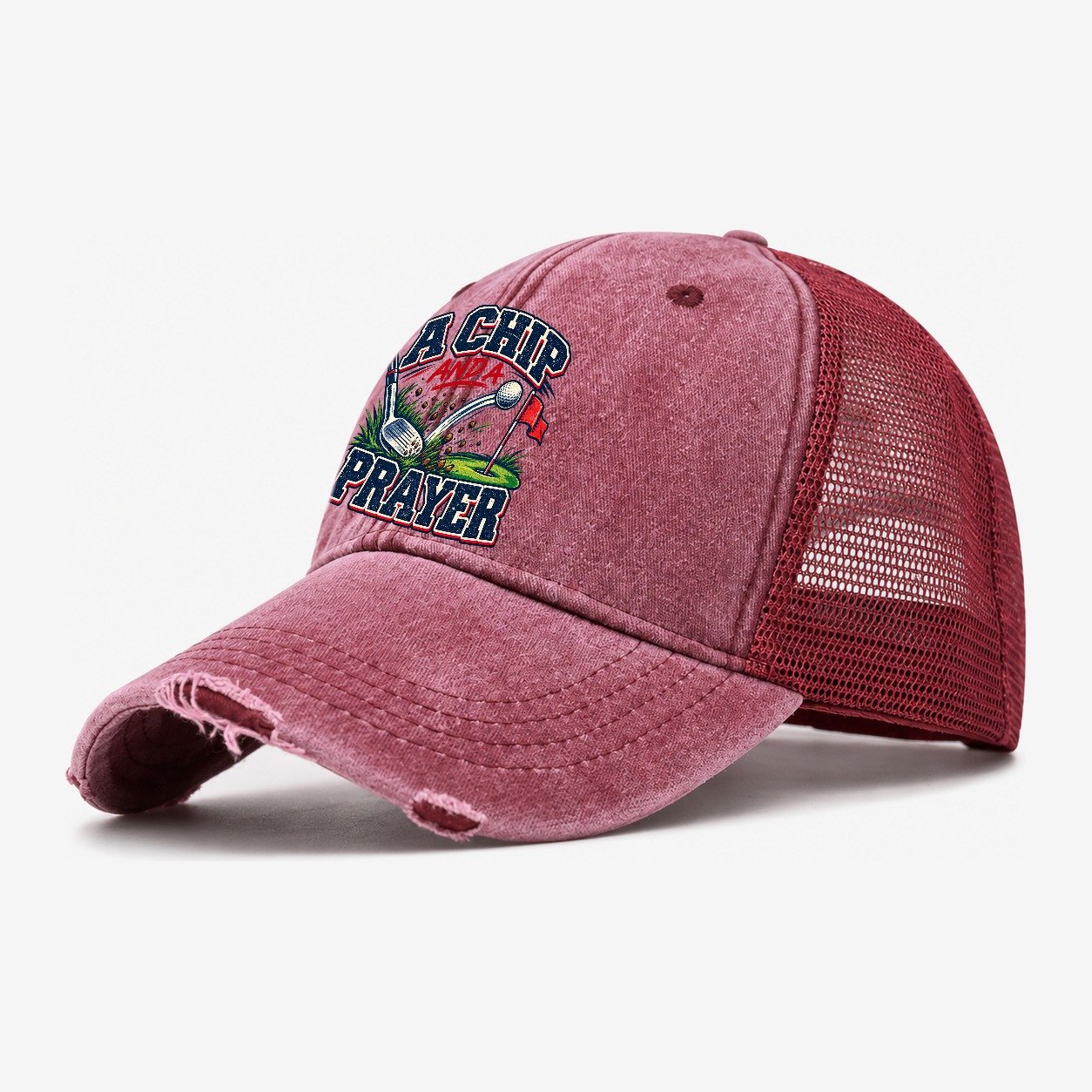 A Chip And A Prayer Golf Life Washed Trucker Hat – Wine Red